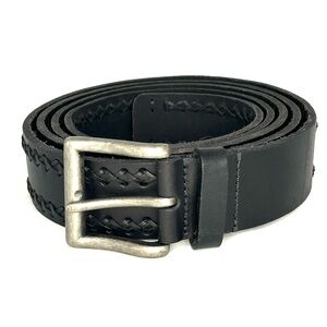 Size 64/66 Black Leather Belt with Criss-Cross Stitching